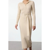Ersefa Moda Stil Regular Polo Yaka Midi Boy Kuşaklı Triko Elbise Bej