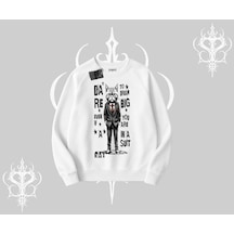 Dream Big Yazılı Takım Elbiseli Kedi Baskılı Biskilet Sweatshirt Beyaz