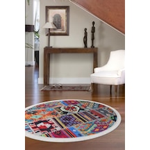 Dijidekor 9010 Patchwork Temalı Saçaklı Dijital Yuvarlak Halı Kaymaz Yıkanabilir 9010-yuvarlak-sacaklı