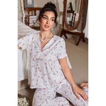 Bella Notte V Yaka Çiçek Desenli Baskılı Kısa Kollu Pijama Takımı Pembe