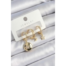 Pirinç Zirkon Taşlı Yıldız Ve Ay Model Gold Renk 3'lü Çift Kadın Küpe Set - Tj-bkp10833 Diğer