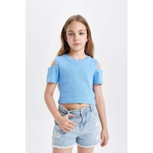 DeFacto Kız Çocuk Slim Fit Dar Kesim Bisiklet Yaka Basic Düz Ribana Kısa Kollu Tişört C9714A824HSBE194 Mavi