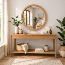 20x20 Cm El Yapımı Masif Ahşap Çerçeveli Yuvarlak Ayna Modern İskandinav Tarzı Duvar Aynası Kayın