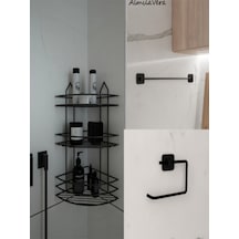 Yapışkanlı Siyah Banyo Köşeliği 3 Katlı Köşe Rafı Uzun Havluluk Ve Tuvalet Kağıtlık Set Siyah