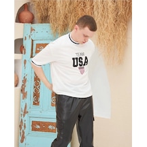 Wear Vexel Erkek Bisiklet Yaka Tişört Nakış İşlemeli Kısa Kol Oversize T-shirt - Beyaz Çok Renkli