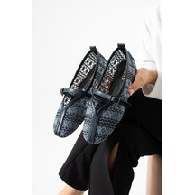Dabab Shoes Marvena Kadın Lacivert Çapraz Bantlı Dantel Detaylı Şeffaf Dokulu Babet