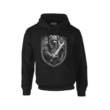 Bear Dressed As A Viking With A Sword Siyah Erkek Fermuarsız Kapşonlu 001