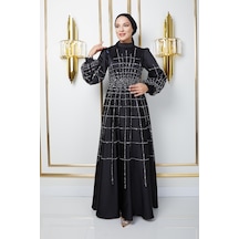 Olcay Önü Ve Kolları Taş Ve Pul Bezeli Kloş Saten Tesettür Abiye Elbise Siyah 1675