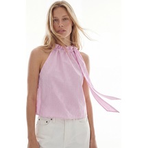 Lcw Vision Pembe Halter Yaka Ekose Fiyonk Detaylı Bluz
