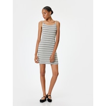 Koton Mini Elbise İp Askılı Bisiklet Yaka Slim Fit Siyah Çizgili 4sal80284ık