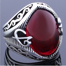 925 Ayar Gümüş Elif Vav Kırmızı Taşlı Erkek Yüzük