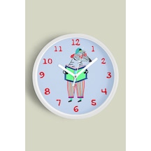 Kitap Okuyan Artist Zebra Çocuk Odası Duvar Saati - 30cm - Önü Camlı Beyaz Kasa - Sessiz Mekanizma Beyaz