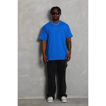 Epilons Zenda1125 Unisex Oversize Düz Bisiklet Yaka T-shirt - Mavi Zenda478