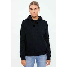 Baskısız Düz Siyah Kadın Kapşonlu Sweatshirt