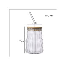 500ml Bambu Kapaklı Cam Bardak, Cam Pipetli Silikon Kapak Contalı İnce Çizgi Desenli Sıcak Soğuk İçecekler İçin Kahve Meyve Suları Ve Çayları İçin Ergonomik Şık Tasarım Beyaz - Çok Renkli