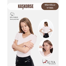 Alya Underwear V Yaka Kaşkorse Kumaşlı Kısa Kollu Bluz, Esnek Ve Pamuklu Kumaş Badi, Bej Kemik Body Bej