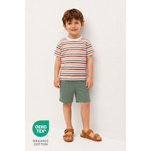 Luppinos Pamuk Çizgi Baskılı Bisiklet Yaka Çift Cepli Bebek-çocuk Tshirt Şort Set Ekru - Yeşil