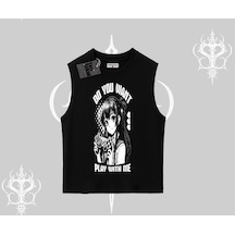 Tarzsokak Kolsuz Tshirt Do You Want Play With Me Anime Kız Baskılı Siyah