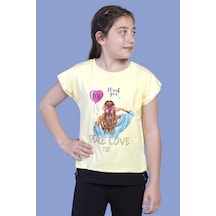 Toontoy Kids Toontoy Kız Çocuk Garni Detaylı Taş İşlemeli Baskılı Tişört Sarı