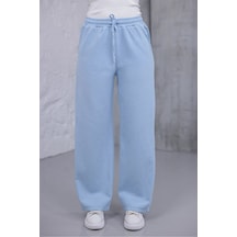 Myrab Denim Kadın Mavi Baggy Keten Pantolon Lastikli Bel Bağcıklı Rahat Geniş Paça Yazlık Pantolon