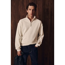 Grımelange Helor Erkek Organik Pamuklu Fermuarlı Dik Yaka Ekru Sweatshirt