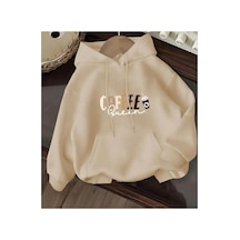 Herkesemoda Coffe Queen Baskı Detaylı İçi Polarlı Kapüşonlu Sweatshirt Bej
