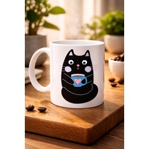 Sevimli Siyah Kedi Baskılı Porselen Kupa Model 198 Kahve İçen Kedi Tasarımlı Kupa Bardak Kahve Severlere Eğlenceli Hediye Kupa Diğer