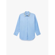 Koton Koton X Melis Ağazat - Uzun Kollu Yakası Taş Detaylı Oversize Poplin Gömlek Mavi 6wak60062ew Mavi