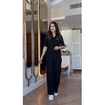 Efnaz Style Kadın Kısa Kollu Yakalı Viskon Iki Iplik Bluz Ve Pantolon Ikili Takım Siyah