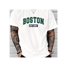 Caddemia Gündelik Spor Bol Kesim Artı Boston Est1997 Baskılı Rahat Alışveriş Yuvarlak Beyaz 2XL