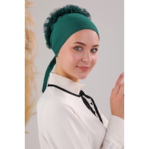 Melodi Scarf Kadın Tesettür Önü Dikişsiz Fırfırlı Penye Bone Zümrüt Yeşili