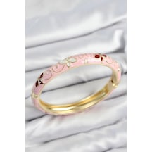 Mey İthalat Mineli Pirinç Pembe Çiçek Motifli Gold Kadın Kelepçe Çok Renkli