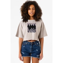 Blackpink Revolution Taş Rengi Kadın Crop Kapşonlu Taş Rengi