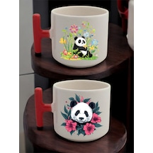 Çiçekli Panda Baskılı 2'li Latte Bardağı Seramik Kupa - Seramik Çay, Kahve Hediyelik Bardağı Beyaz