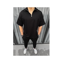 Erkek Yarım Fermuarlı Kısa Kol T-shirt - Siyah