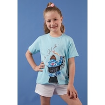 Lela Pamuklu Baskılı Püskül Detaylı Bisiklet Yaka Kız Çocuk T Shirt 6211020 Açık Mavi