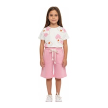 Toontoy Kids Toontoy Kız Çocuk 2'li Kaprili Takım Bisiklet Yaka Düşük Omuz Kısa Kollu Baskılı Tişört - Beli Lastikli Cepli Bağlamalı Kapri 25013 Pembe