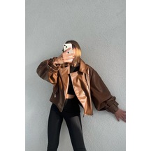 Mavifidesign Kadın Taba Oversize Deri Ceket Taba Taba