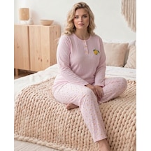 Eyfuze Kadın Kışlık Büyük Beden Curve Nakışlı Desenli Yakası Düğmeli Uzun Kollu Pijama Takımı Toz Pembe