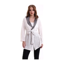 Mois Atelier Beyaz Kapişonlu Belden Kuşaklı Gri Tül Garnili Düşük Omuz Hırka, Tasarım, Büyük Beden Beyaz