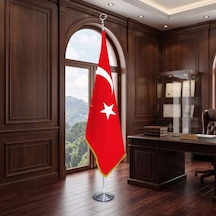 Türkiye Cumhuriyeti Ay Yıldız Direkli - Altın Saçaklı Saten Makam Bayrağı Seti Krom Direk Diğer