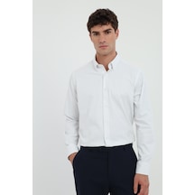 Dufy Erkek Regular Fit Düğmeli Yaka Uzun Kol Beyaz - Lacivert Çizgili Gömlek-25808 Beyaz-lacivert Çizgili