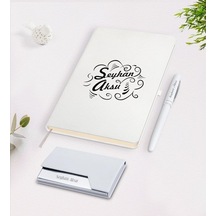 Kişiye Özel Isimli Beyaz Defter Kalem Kartvizitlik Hediye Seti-7