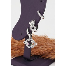 Kadın Kararmaz Altın Kaplama Renkli Zirkon Taşlı Satürn ve Kaplan Gümüş-Tek Ebat Altın