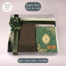 Şal + Seccade + Tesbih + Yasin Hediye Seti Çanta Boy, Şems Lafzatullah, Raşel Cilt, Yeşil