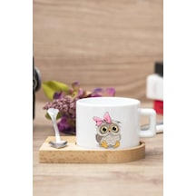 Baykuş Baskılı Ahşap Altlıklı Kaşıklı Kupa Beyaz