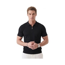Deepsea Erkek Siyah Slim Fit Nefes Alan Pamuklu Polo Yaka Tişört Dar Kesim Likralı Triko Tişört 2505001 Siyah