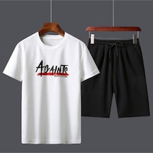 Againts T-shirt Şort - Beyaz Siyah Alt Üst Takım Şort Tişört Kombin Baskılı Bisiklet Yaka Beyaz Siyah