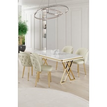 Canisa Rigel Serisi 80x130 Lak Panel Beyaz Mermer Desen Masa Takımı Gold Ayaklı 4 Krem Sandalye Beyaz Mermer Desen Masa Sandalyeler Krem