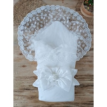 Yenidoğan Ay Işığı Papatya Dantelli Taşlı Fiyonk Bebek Battaniyesi Kundak Ekru Ekru